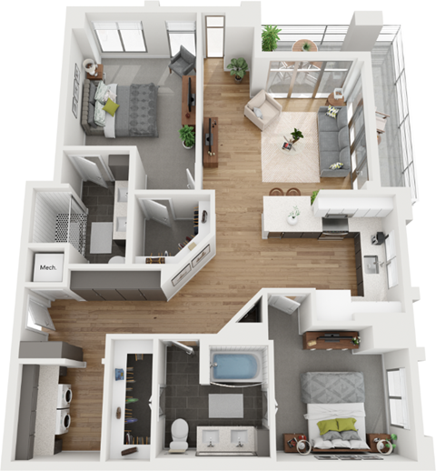Floor plan for 2 beds, 2 baths, 1236 sqft